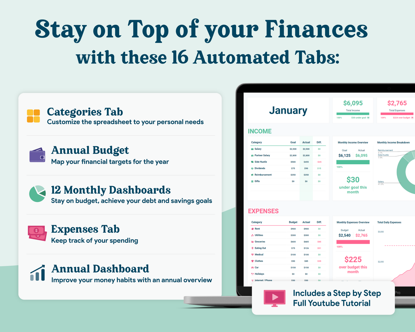 Beginner Budget GoogleSheets Spreadsheet | Light Mode