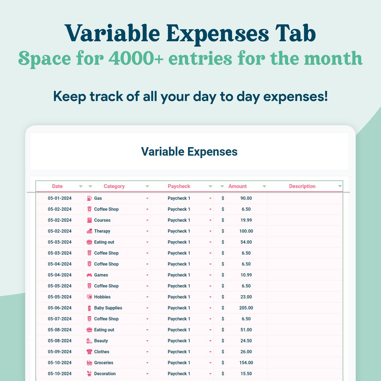 Biweekly Paycheck Budget GoogleSheets Spreadsheet | Light Mode