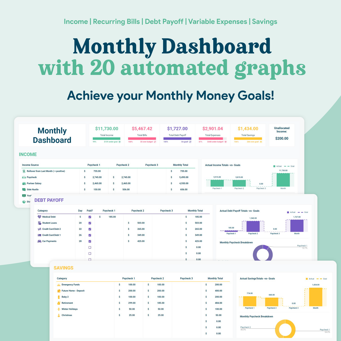 Biweekly Paycheck Budget GoogleSheets Spreadsheet | Light Mode