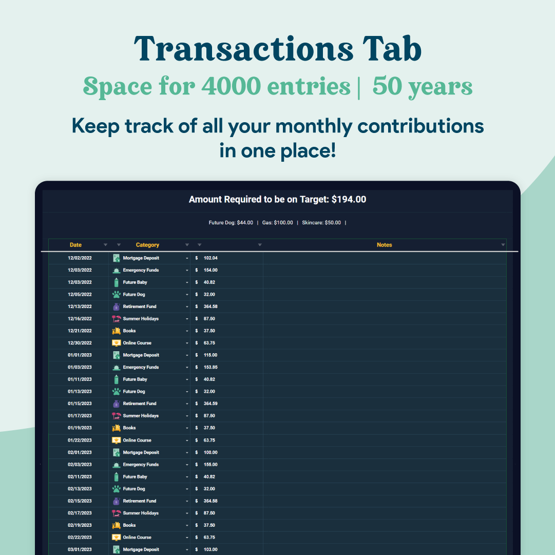 Savings Tracker GoogleSheets Spreadsheet | Dark Mode