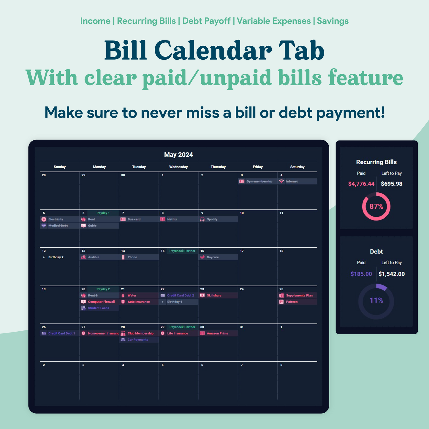 Biweekly Paycheck Budget GoogleSheets Spreadsheet | Dark Mode