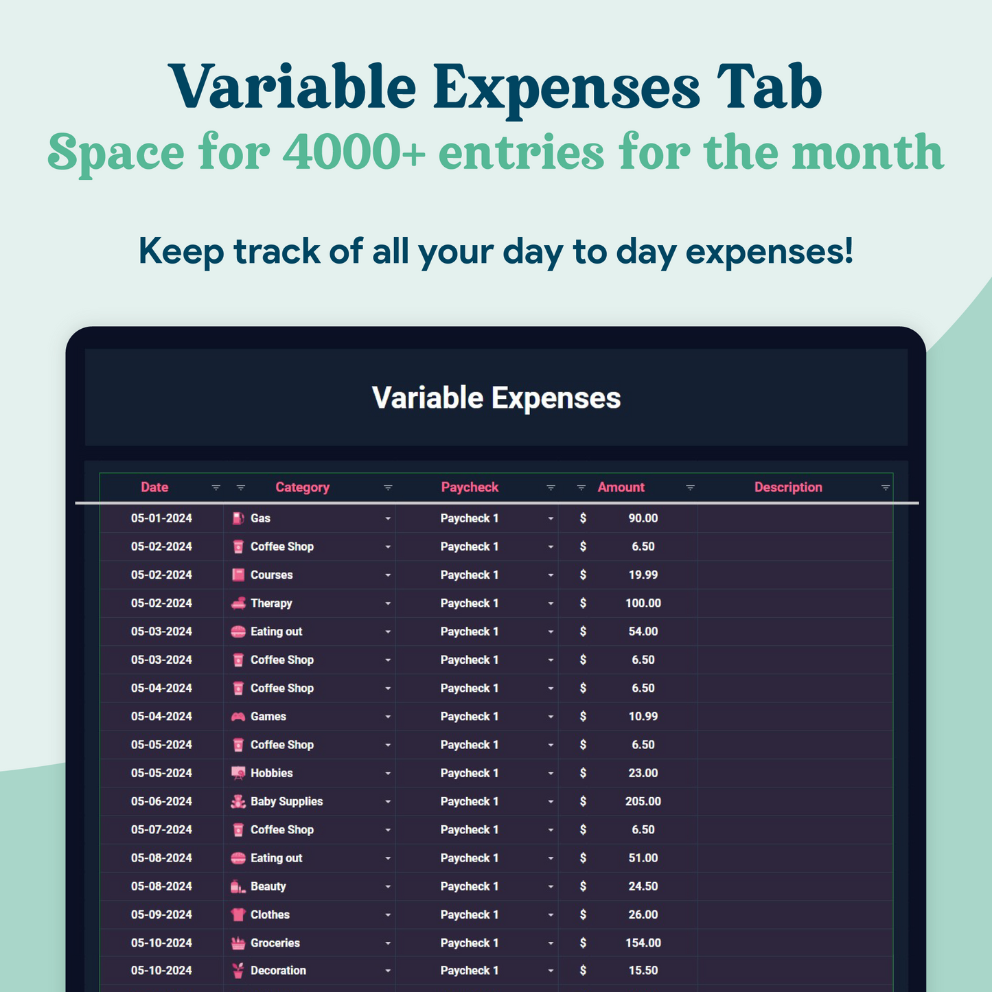 Biweekly Paycheck Budget GoogleSheets Spreadsheet | Dark Mode