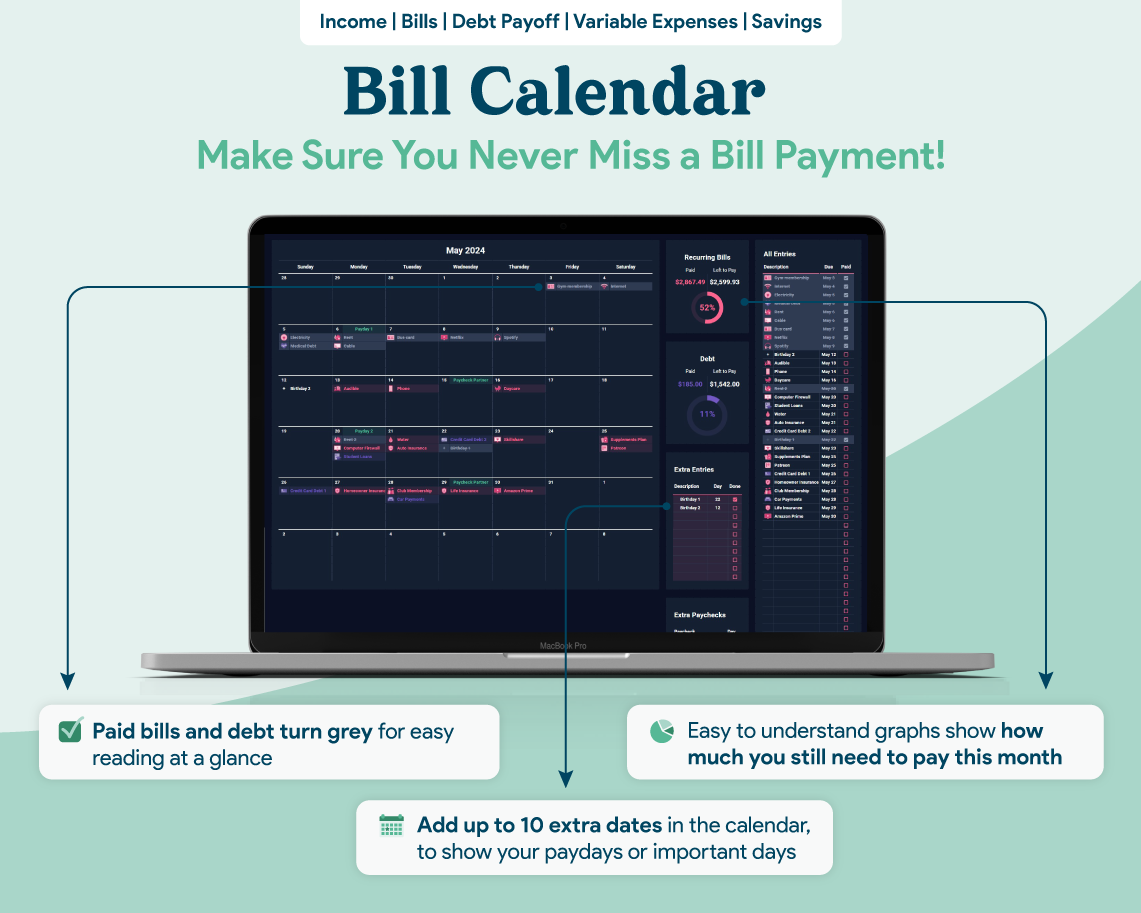 Biweekly Paycheck Budget GoogleSheets Spreadsheet | Dark Mode