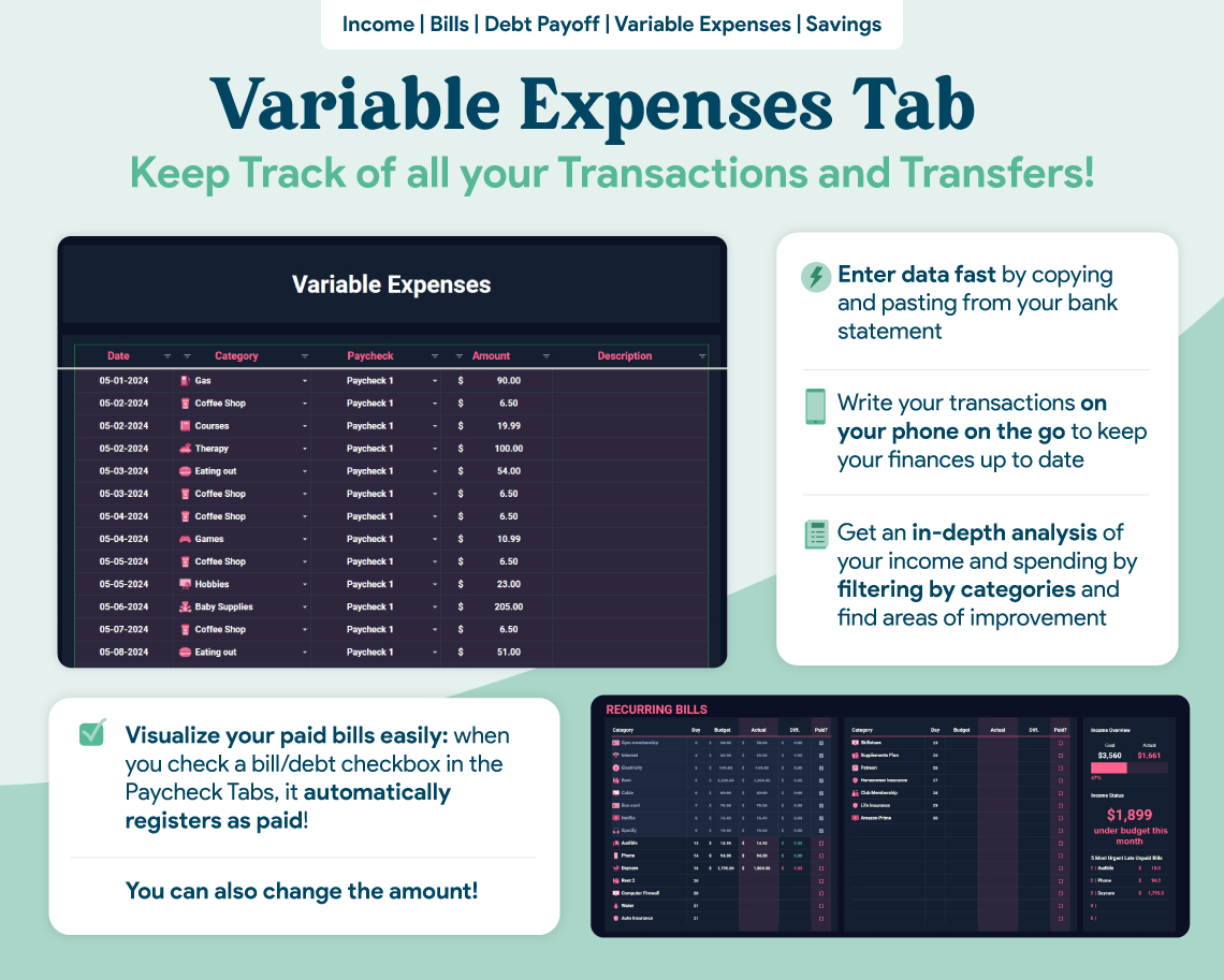 Biweekly Paycheck Budget GoogleSheets Spreadsheet | Dark Mode