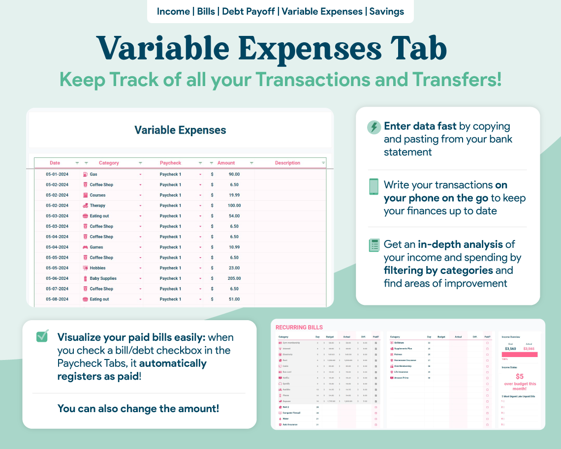Biweekly Paycheck Budget GoogleSheets Spreadsheet | Light Mode