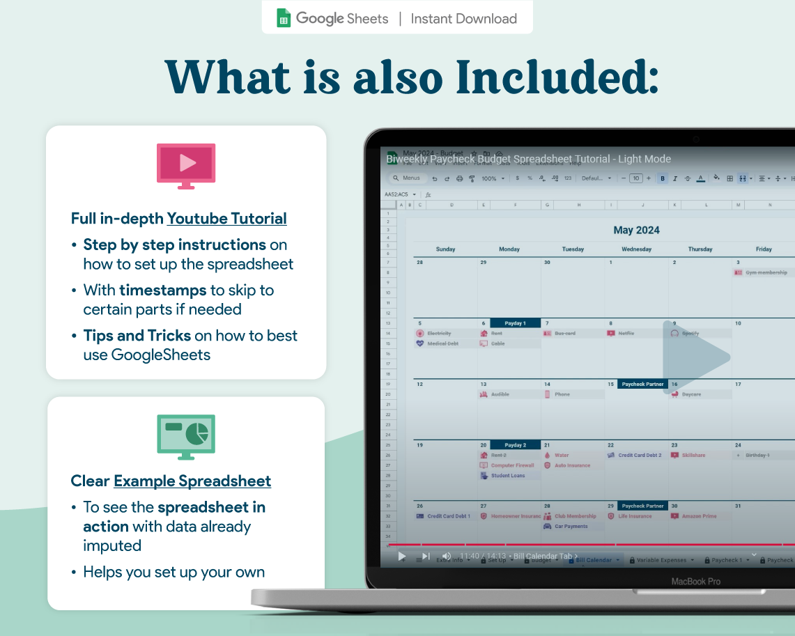 Biweekly Paycheck Budget GoogleSheets Spreadsheet | Light Mode