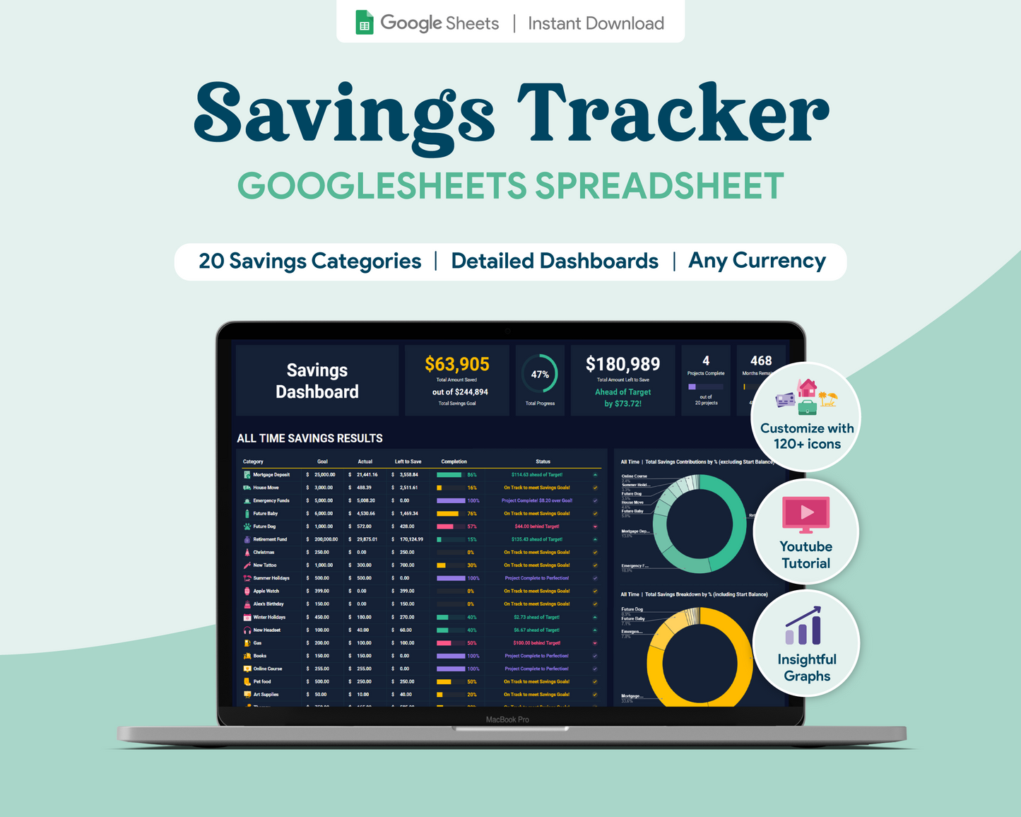 Savings Tracker GoogleSheets Spreadsheet | Dark Mode