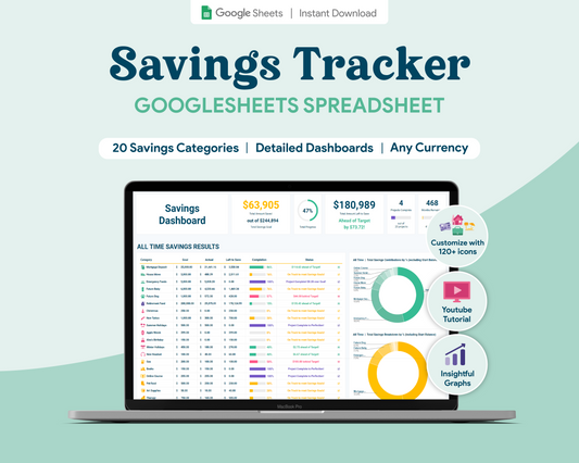 Savings Tracker GoogleSheets Spreadsheet | Light Mode