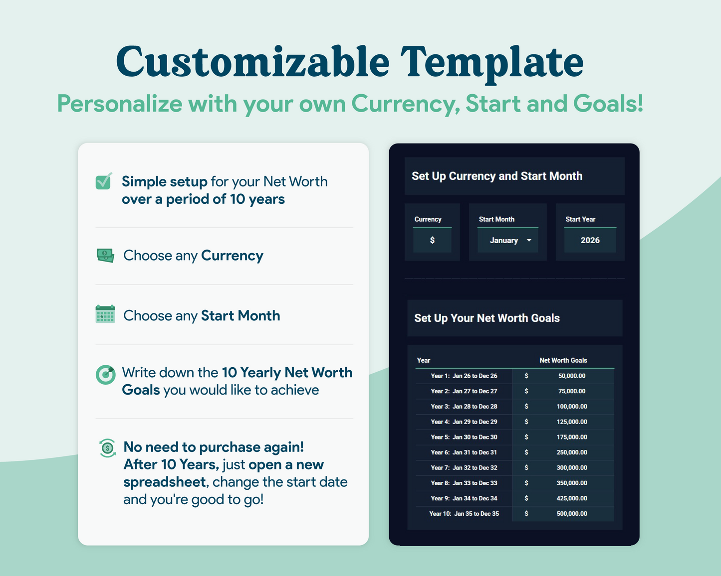 Net Worth Tracker GoogleSheets Spreadsheet | Dark Mode