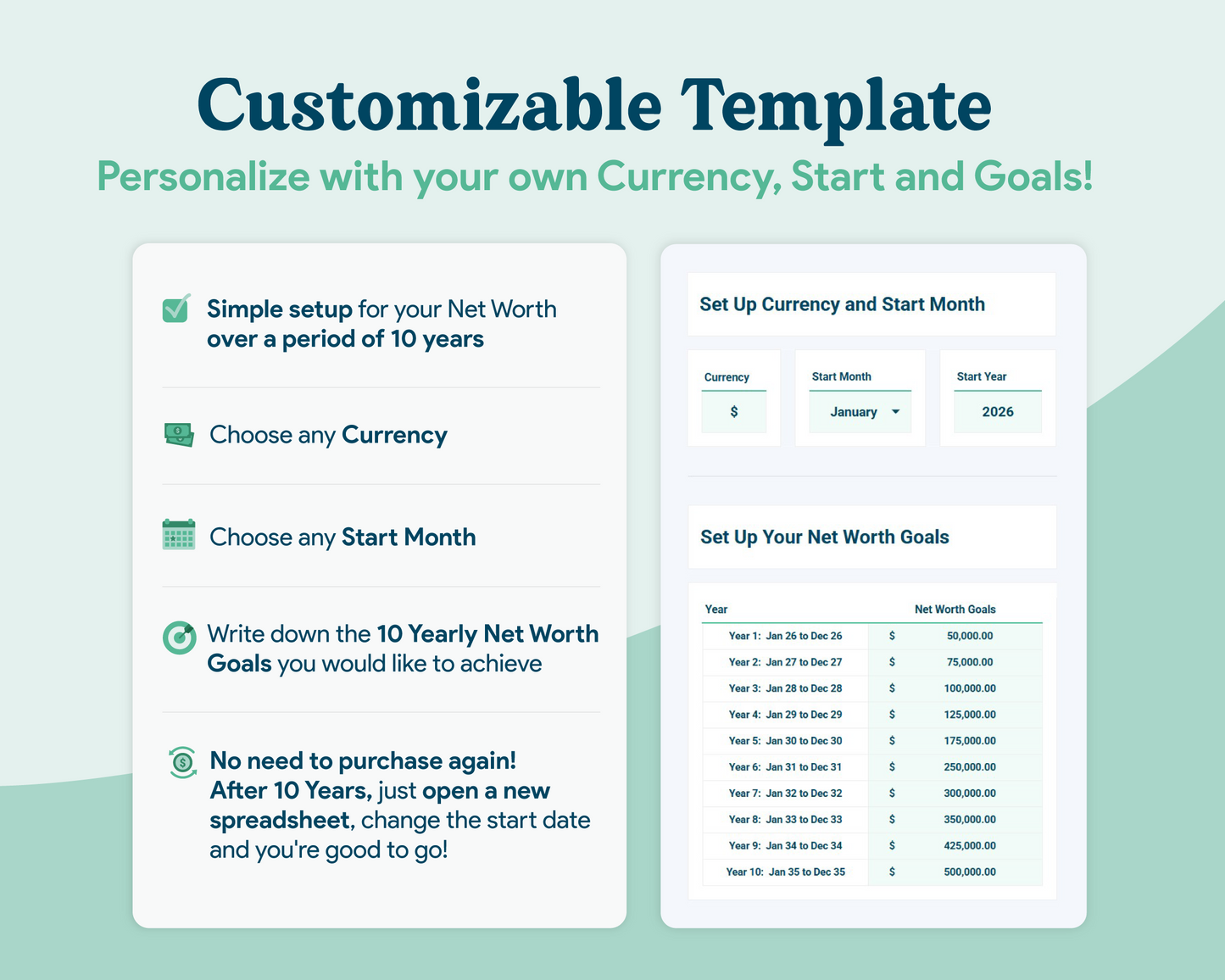 Net Worth Tracker GoogleSheets Spreadsheet | Light Mode