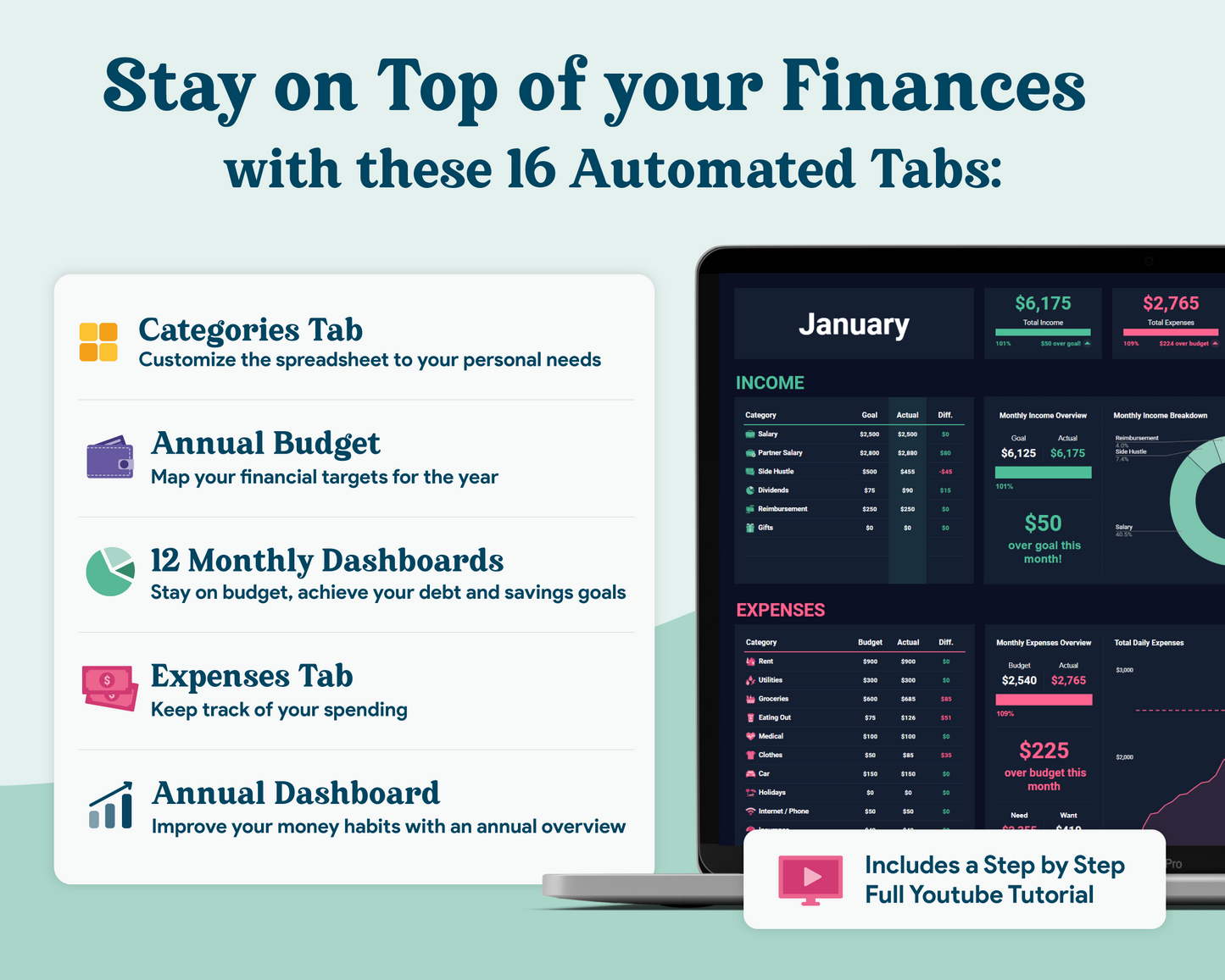 Beginner Budget GoogleSheets Spreadsheet | Dark Mode