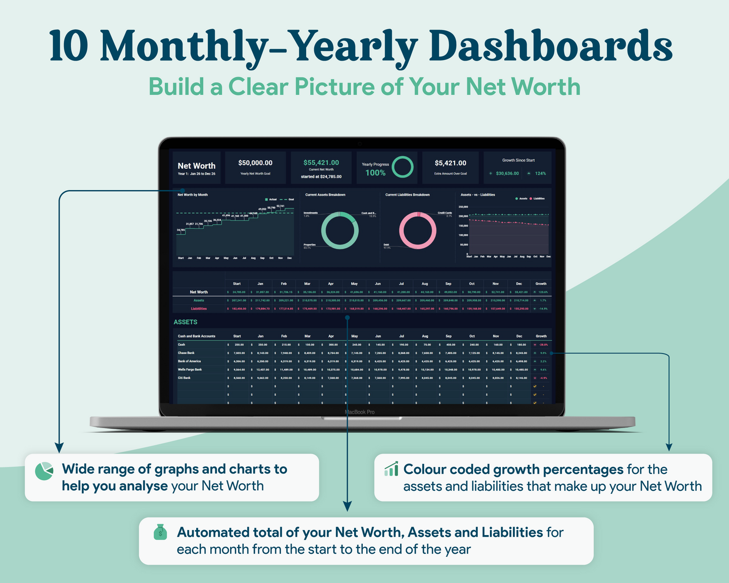 Net Worth Tracker GoogleSheets Spreadsheet | Dark Mode