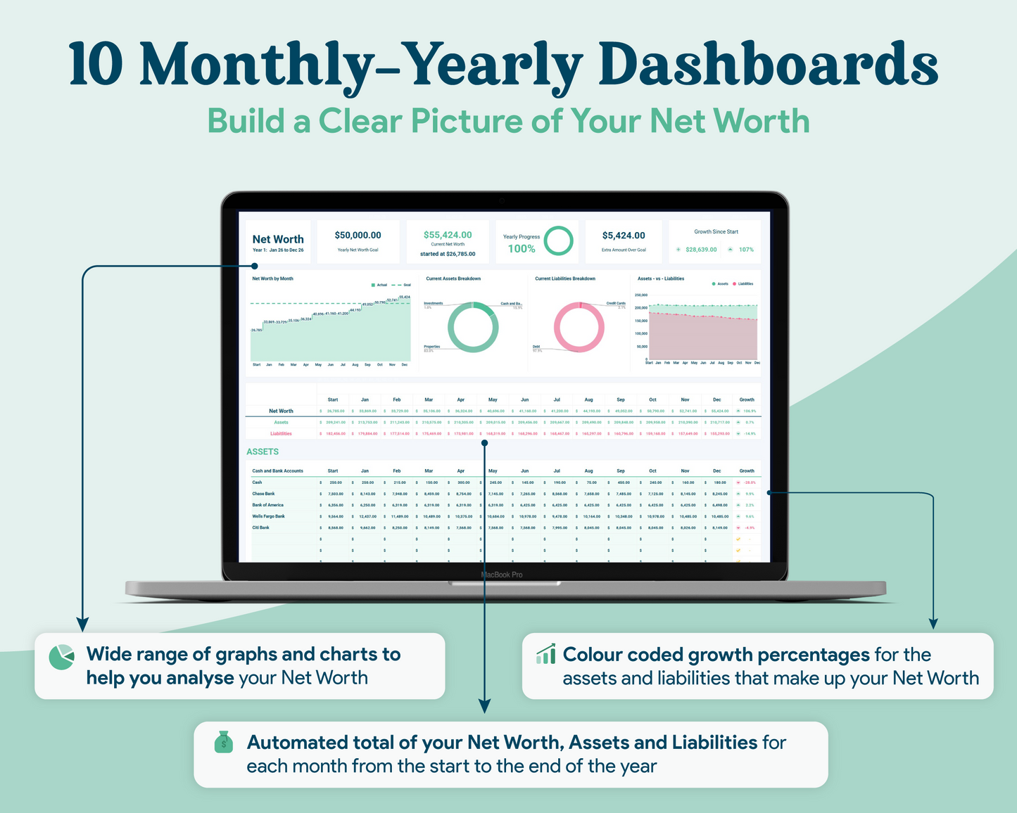 Net Worth Tracker GoogleSheets Spreadsheet | Light Mode