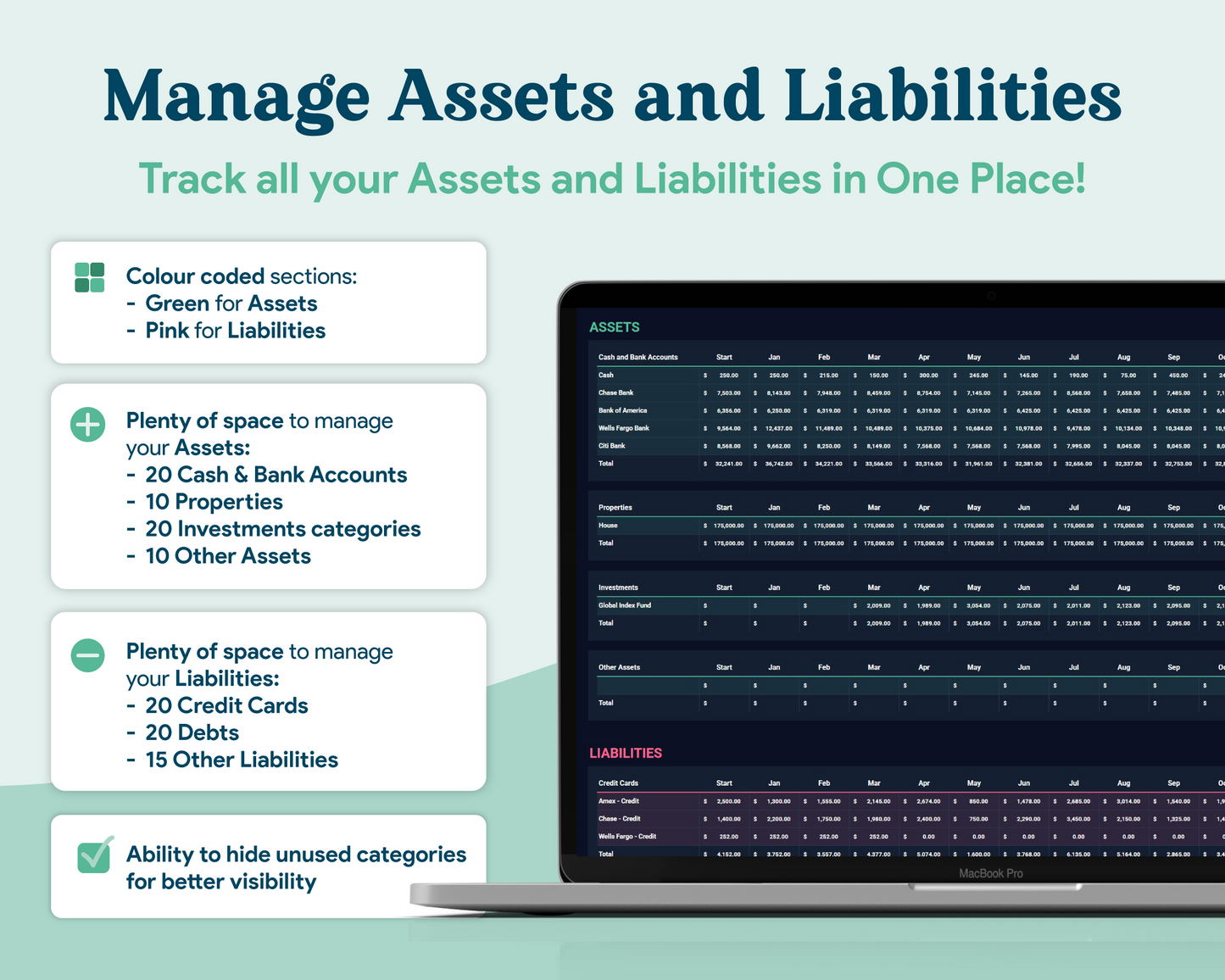 Net Worth Tracker GoogleSheets Spreadsheet | Dark Mode