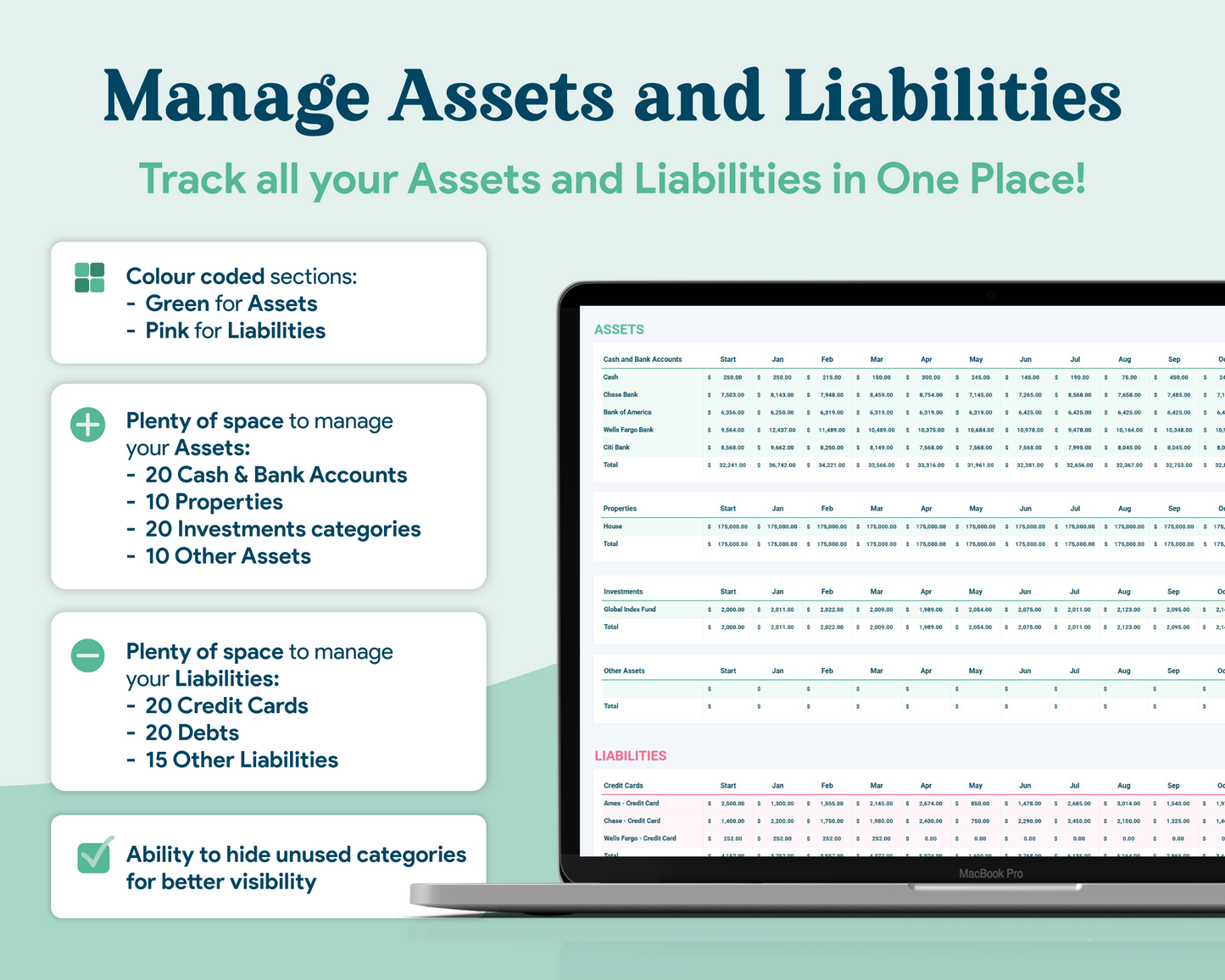 Net Worth Tracker GoogleSheets Spreadsheet | Light Mode