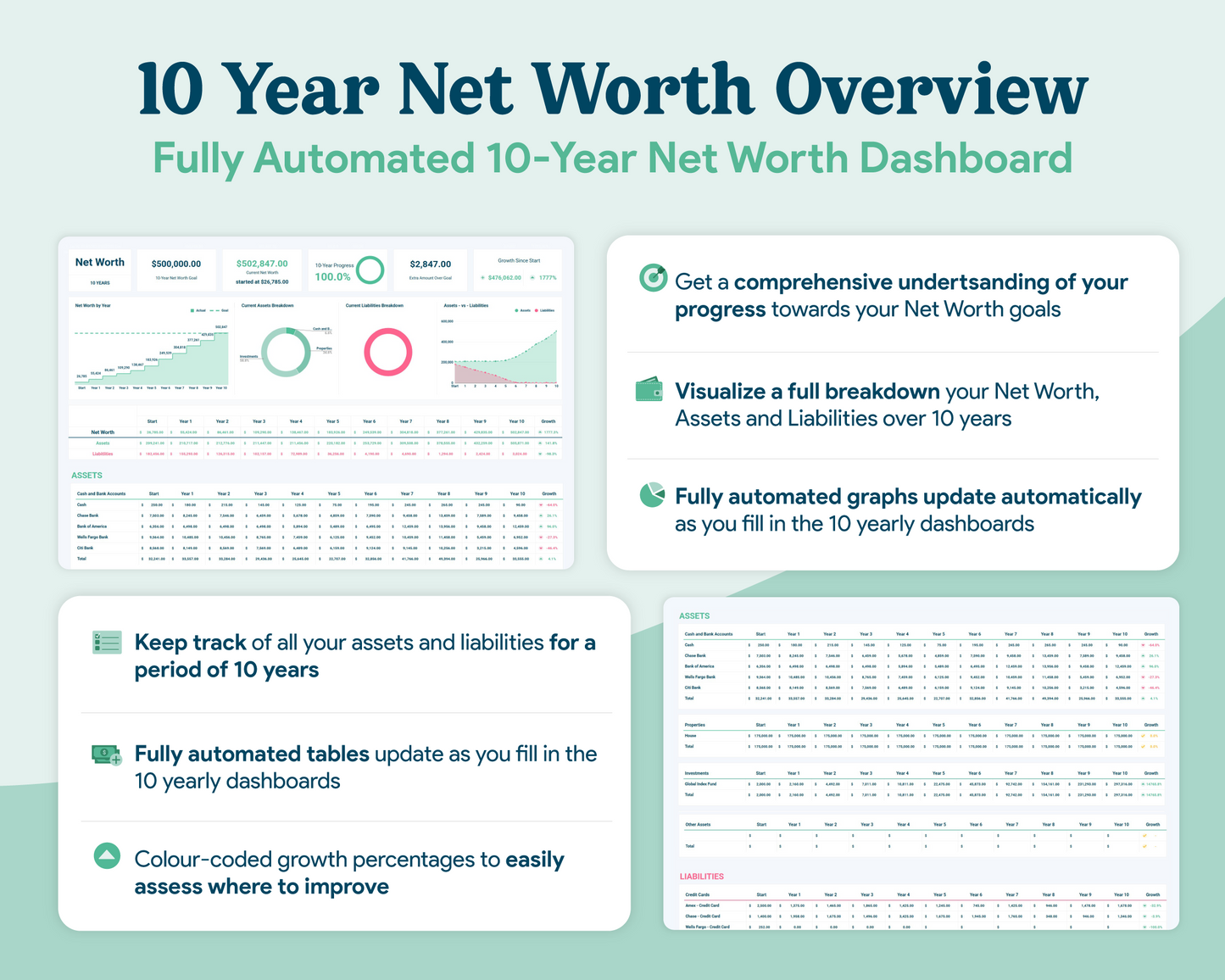Net Worth Tracker GoogleSheets Spreadsheet | Light Mode