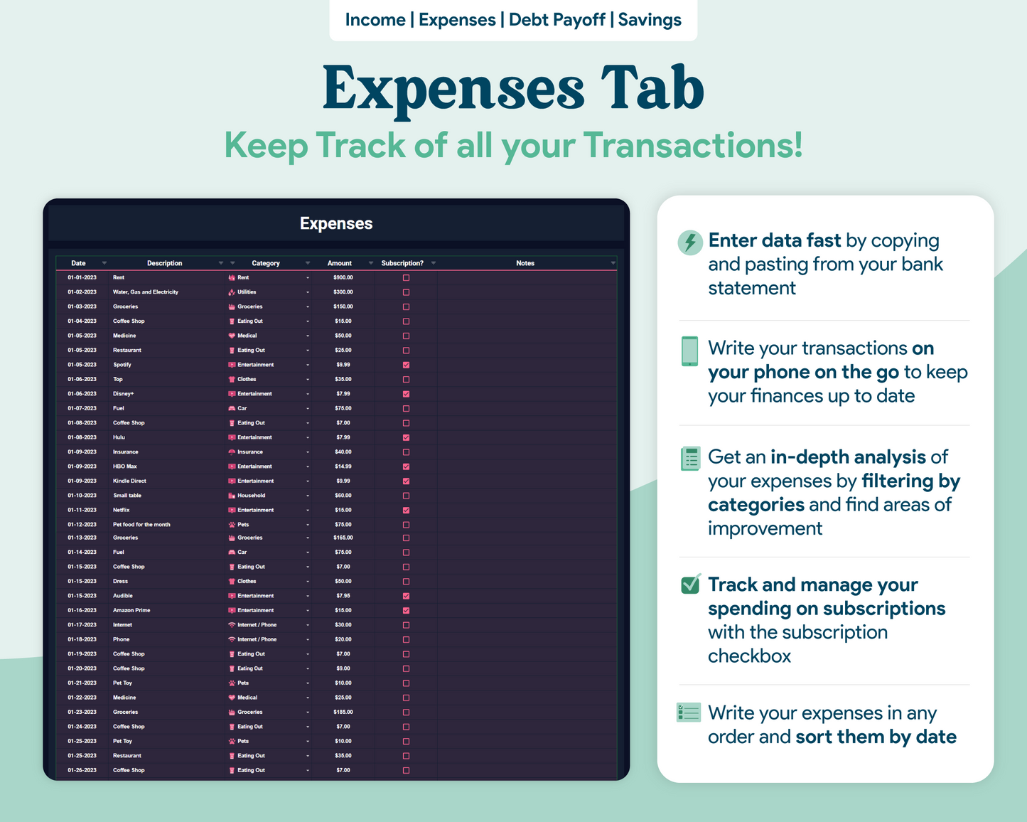 Beginner Budget GoogleSheets Spreadsheet | Dark Mode