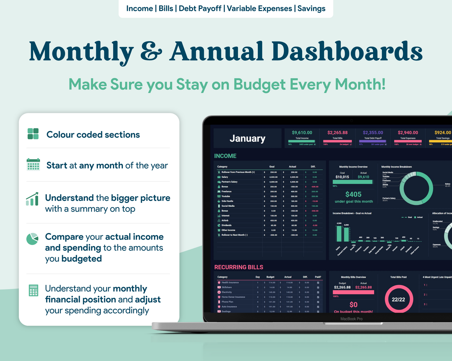Ultimate Budget GoogleSheets Spreadsheet | Dark Mode