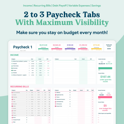 Biweekly Paycheck Budget GoogleSheets Spreadsheet  | Light Mode