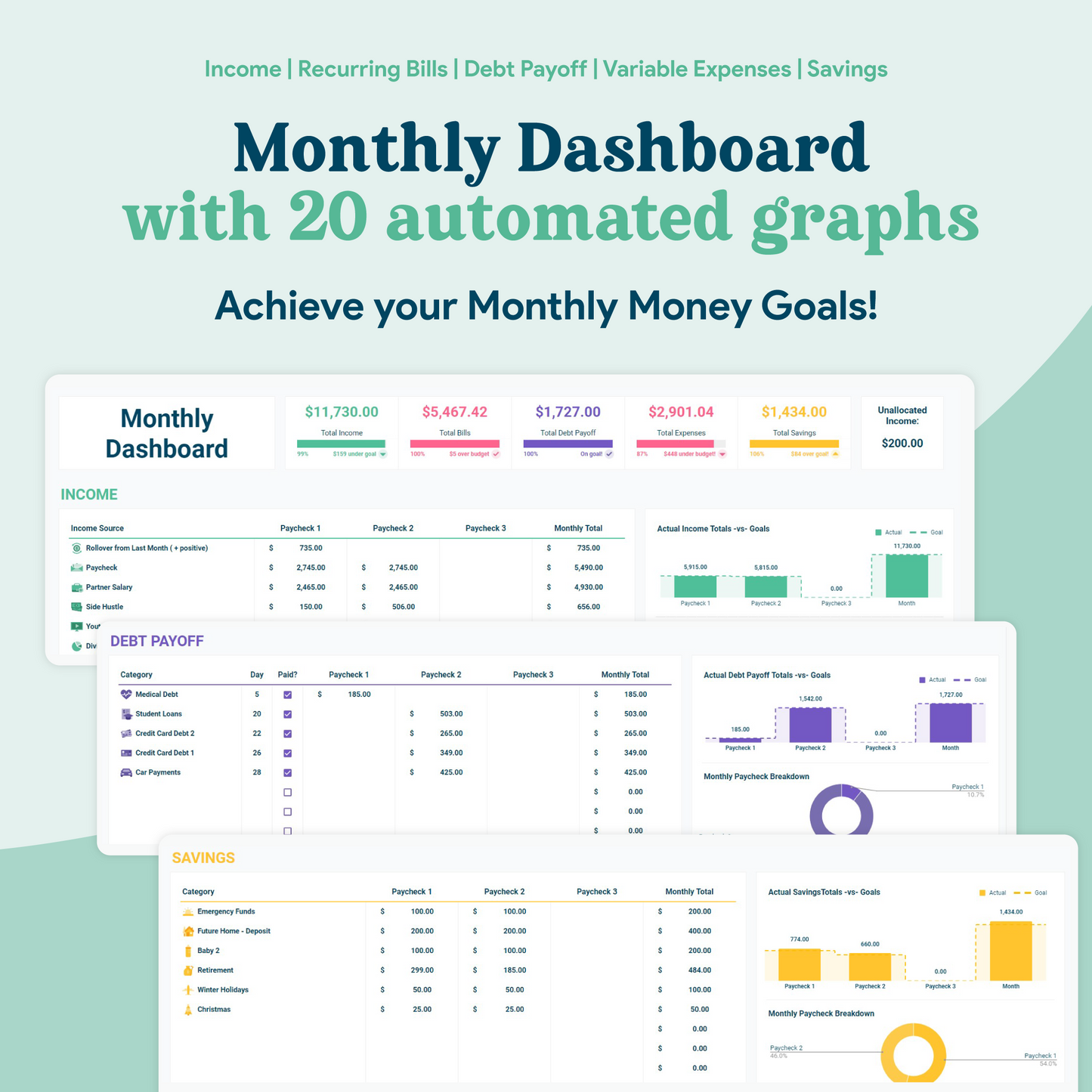 Biweekly Paycheck Budget GoogleSheets Spreadsheet  | Light Mode