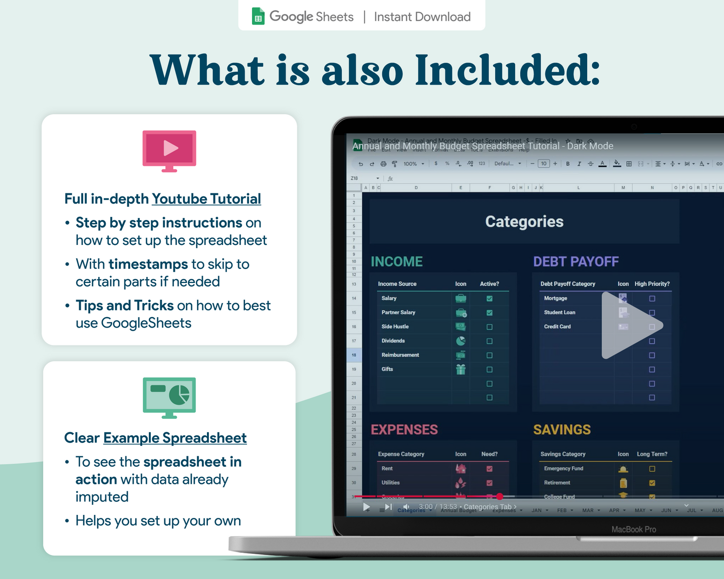Beginner Budget GoogleSheets Spreadsheet | Dark Mode
