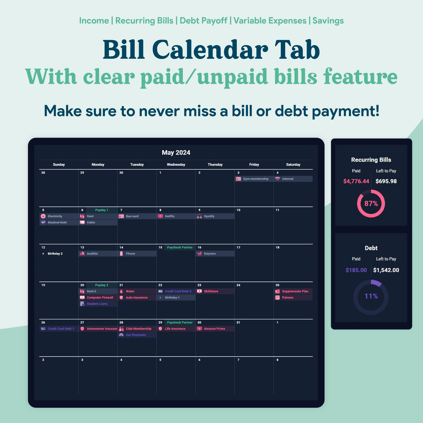 Biweekly Paycheck Budget GoogleSheets Spreadsheet  | Dark Mode