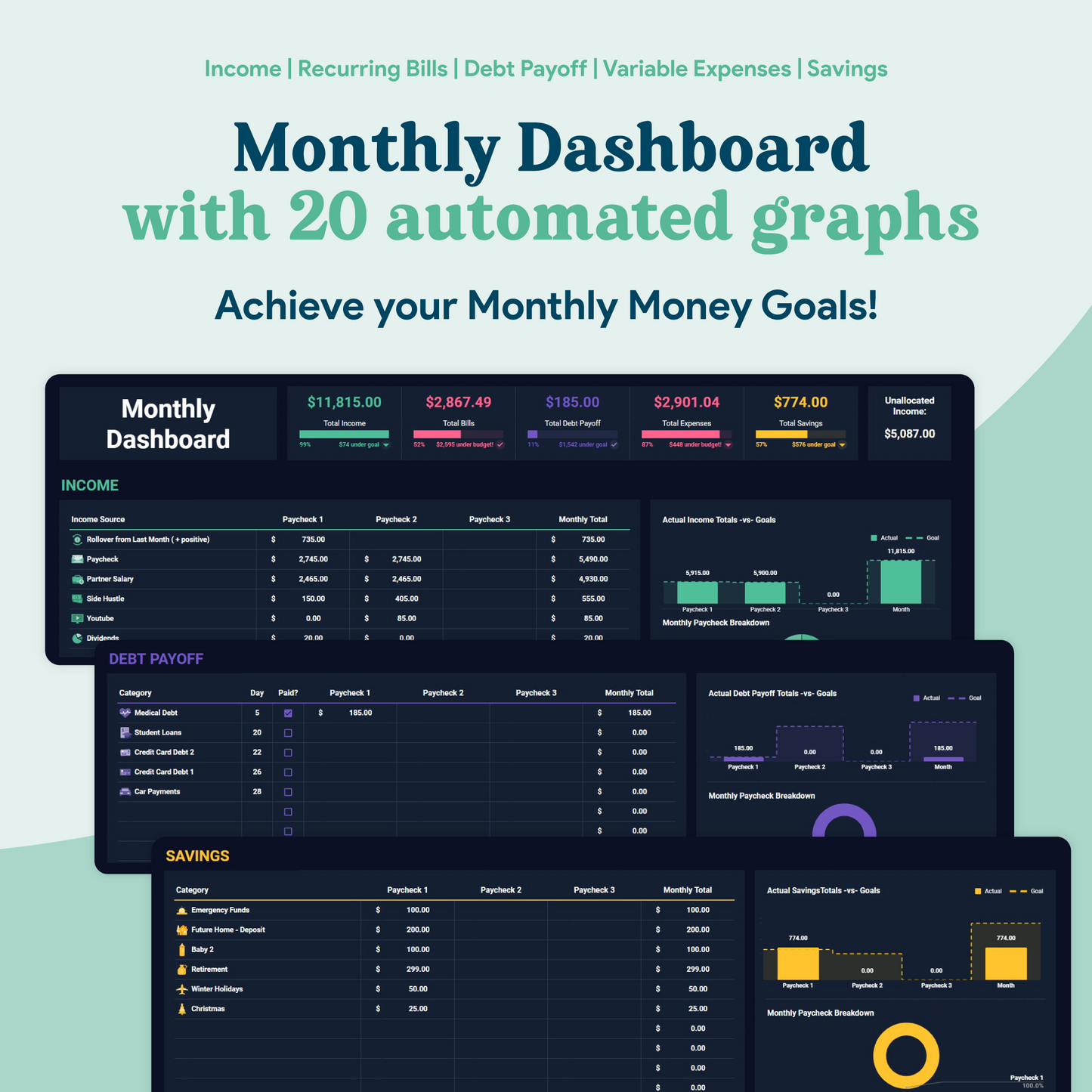 Biweekly Paycheck Budget GoogleSheets Spreadsheet  | Dark Mode