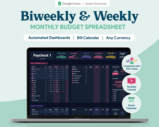 Biweekly Paycheck Budget GoogleSheets Spreadsheet  | Dark Mode