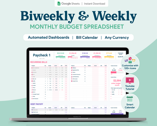 Biweekly Paycheck Budget GoogleSheets Spreadsheet  | Light Mode
