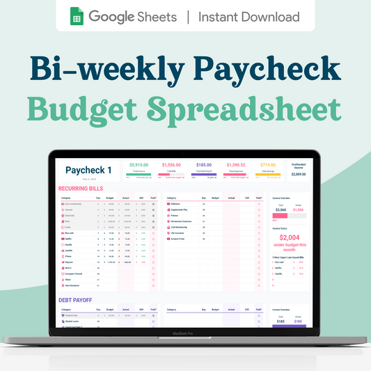 Biweekly Paycheck Budget GoogleSheets Spreadsheet  | Light Mode