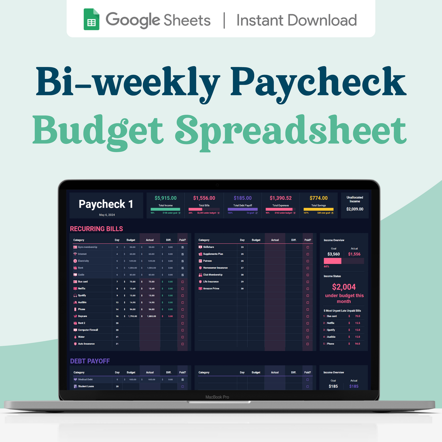 Biweekly Paycheck Budget GoogleSheets Spreadsheet  | Dark Mode